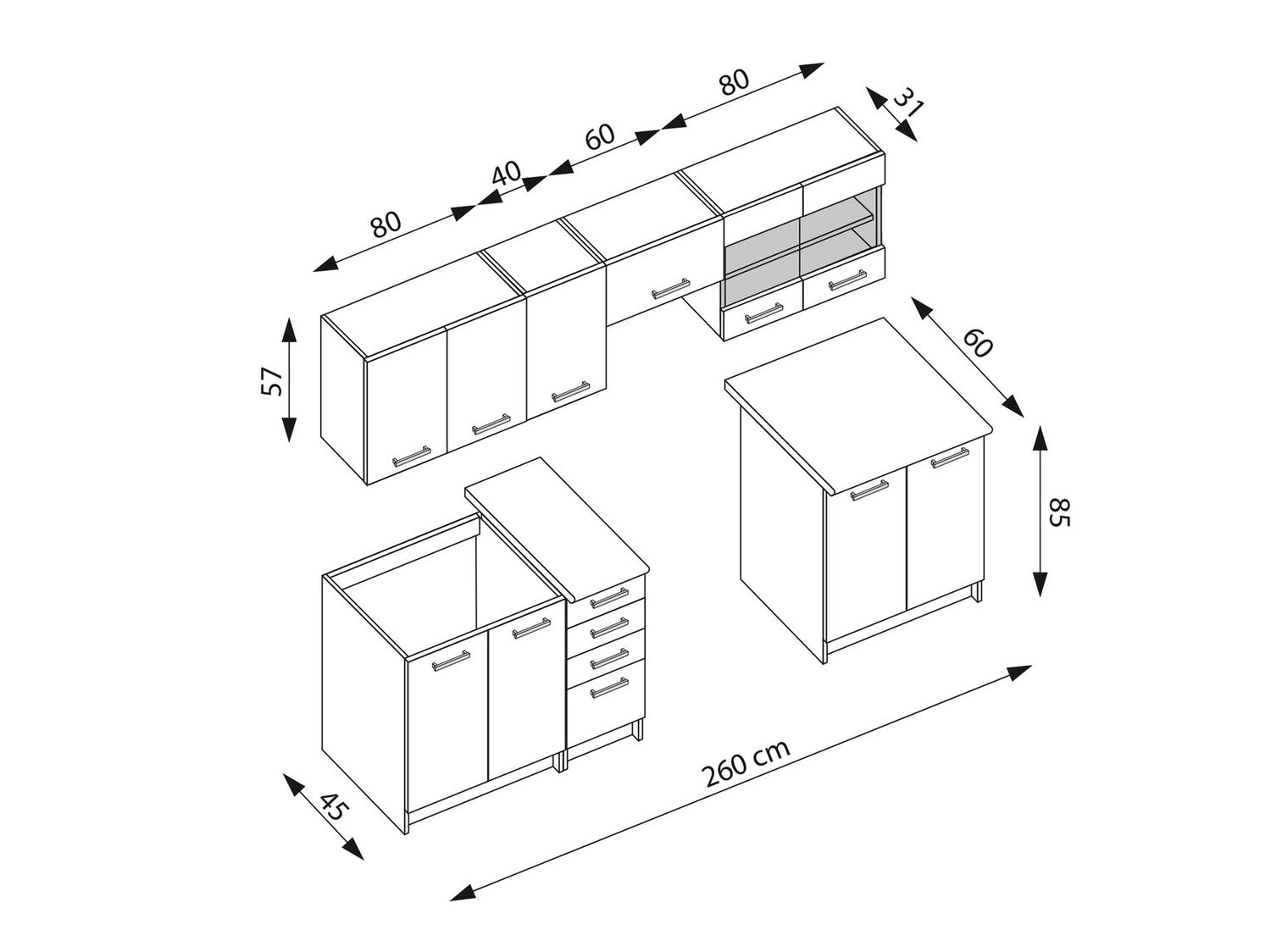 Virtuvės komplektas AMANDA 260, Spalva: Tamsus ąžuolas