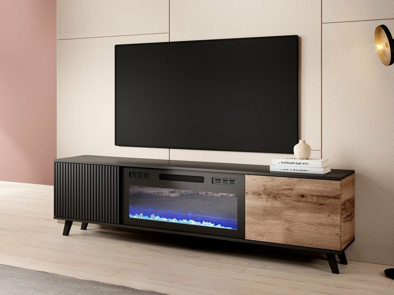Tv staliukas RANDOM RTV-K TV stand with židinys 180 cm, wotan ąžuolas / juoda V-PL-RANDOM-RTV-K