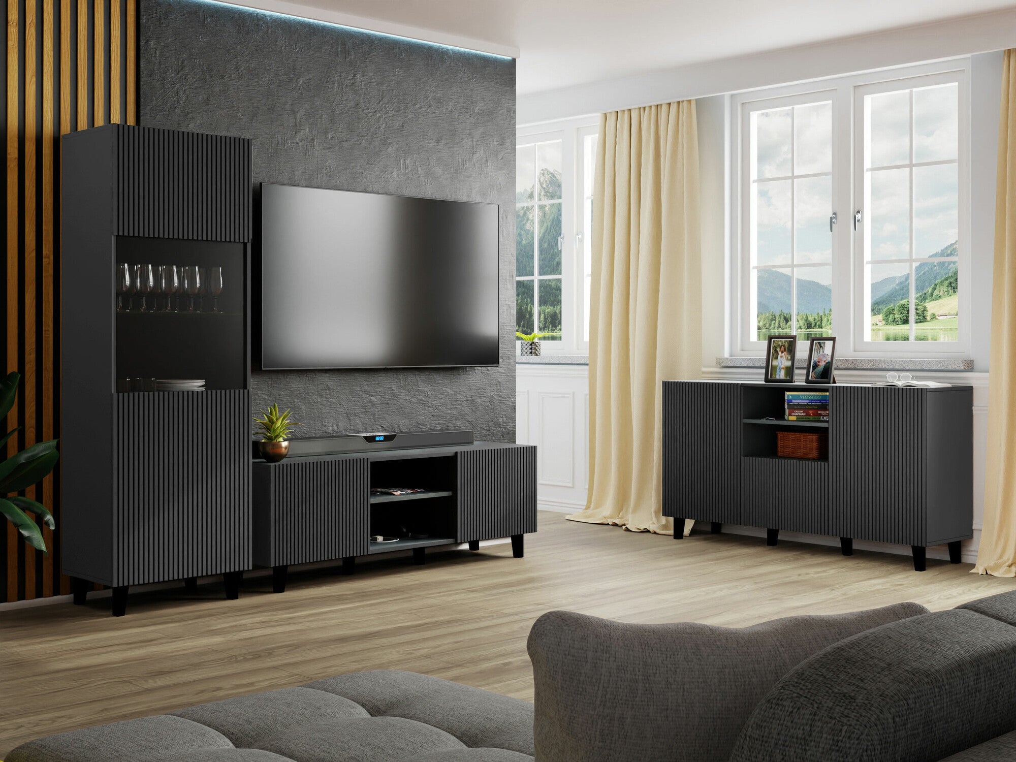 Svetainės komplektas Meble VAMOS GREY I Antracyt + Czarny (Antracitas)