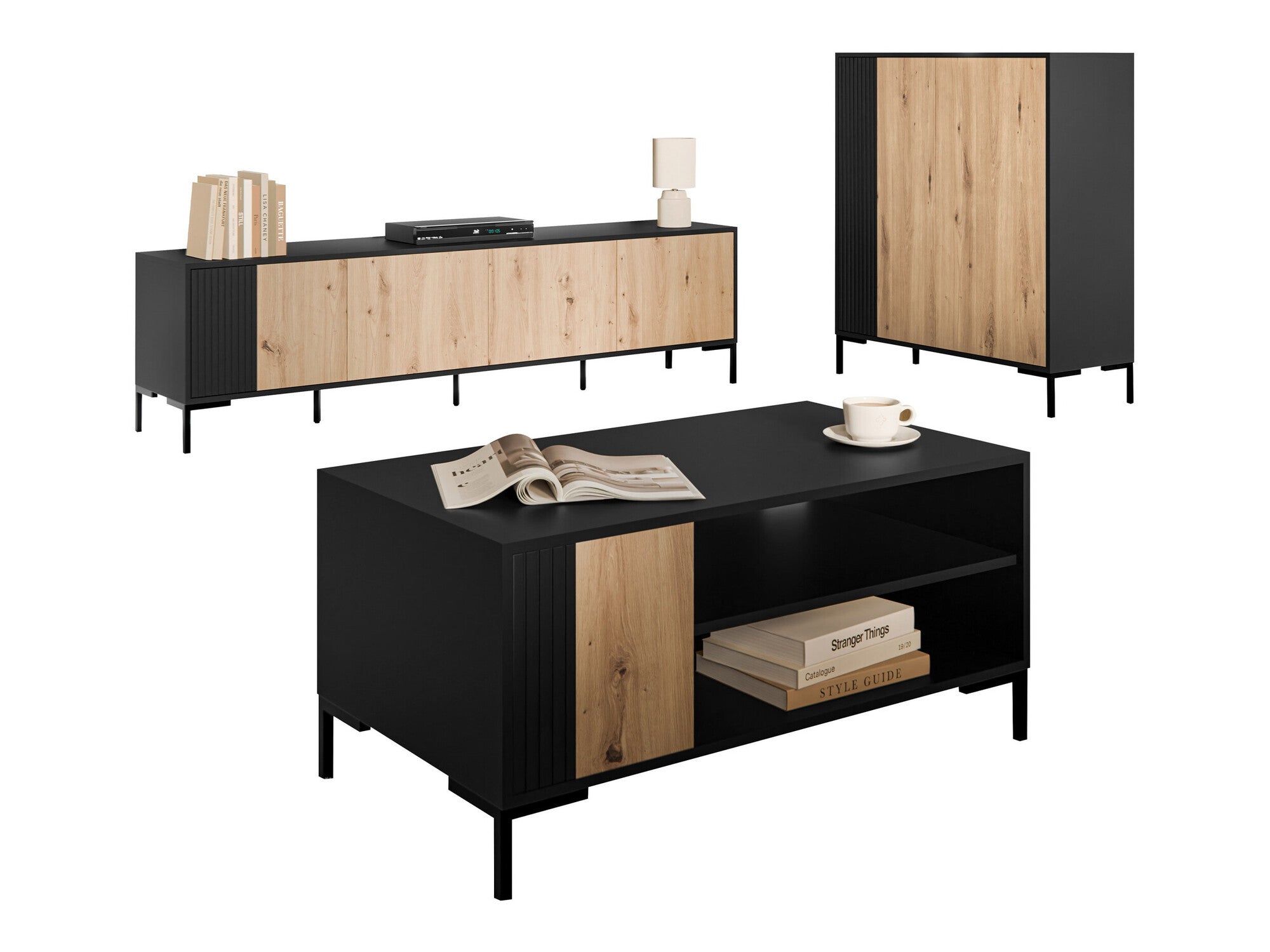 Svetainės komplektas Meble MERCI I Czarny mat/Dąb Artisan/Czarny mat