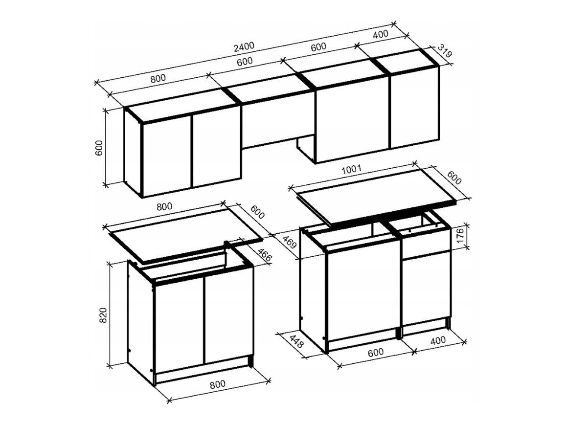 Virtuvės komplektas TAMARA 240 virtuvės komplektas, color: front - pilkas marmuras / juoda, korpusas – carbon medis, stalviršis – pilka V-UA-TAMARA_240-POPIEL/CZARNY