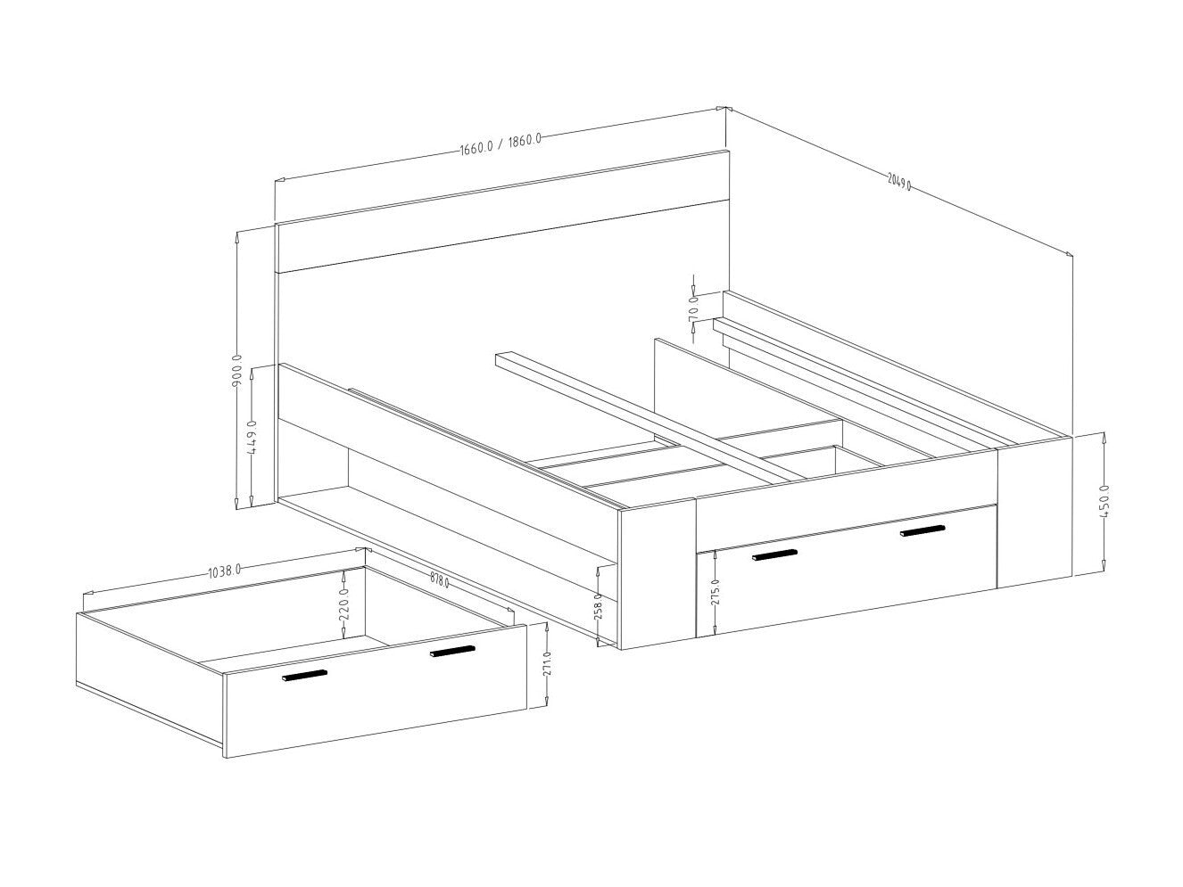 Lova Beta 91/92 22MW1691, Spalva: Ąžuolas + Juoda, Miegamoji dalis: 160 x 200 cm