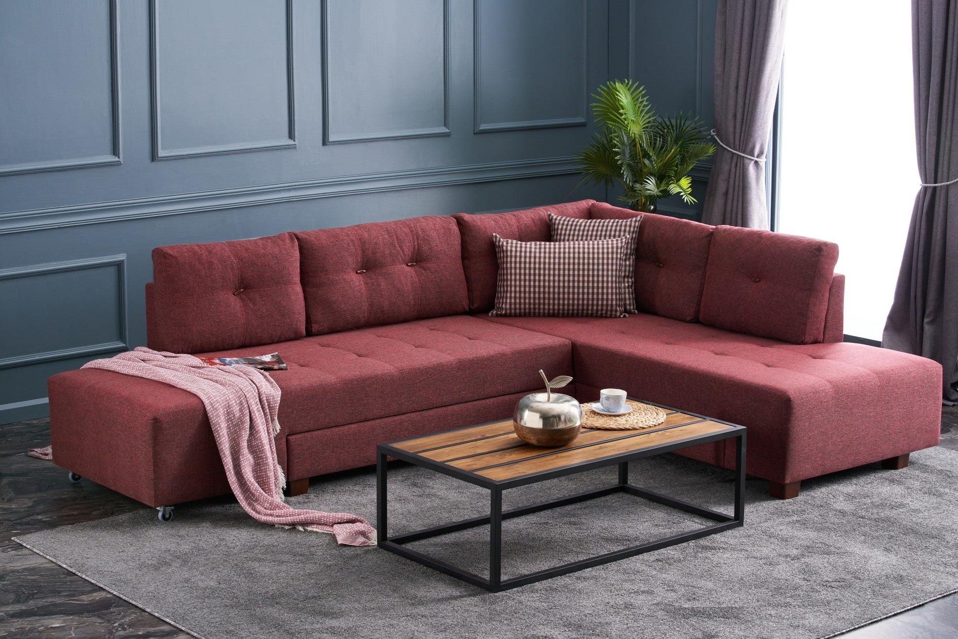 Minkštas kampas su miegojimo funkcija Manama Corner Sofa Bed Right - Claret Red