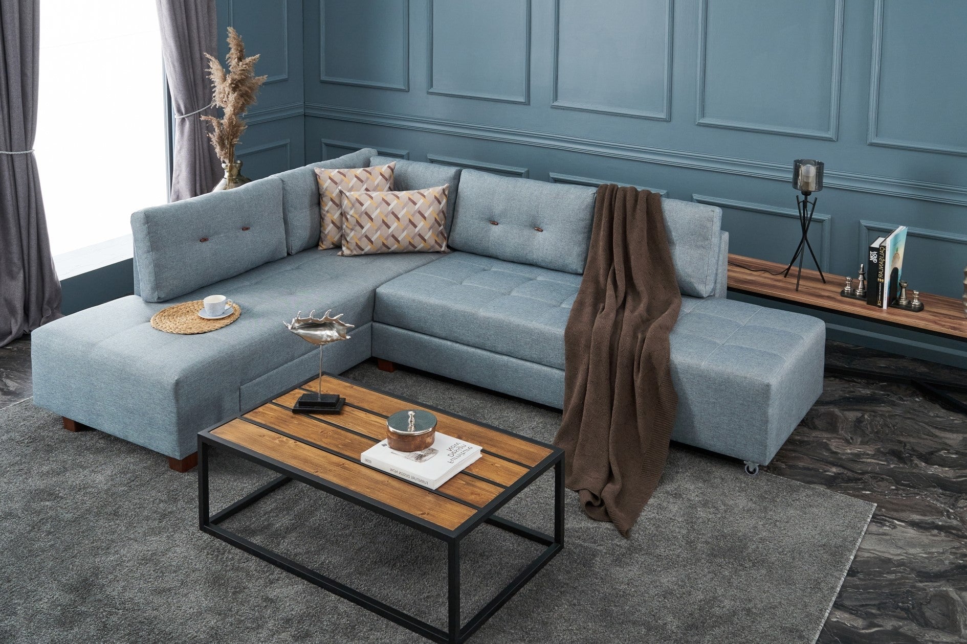 Minkštas kampas su miegojimo funkcija Manama Corner Sofa Bed Left - Light Blue
