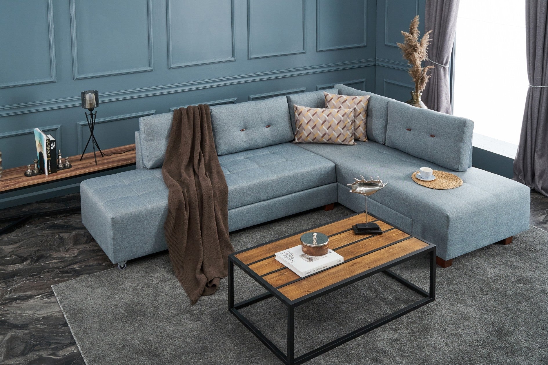 Minkštas kampas su miegojimo funkcija Manama Corner Sofa Bed Right - Light Blue