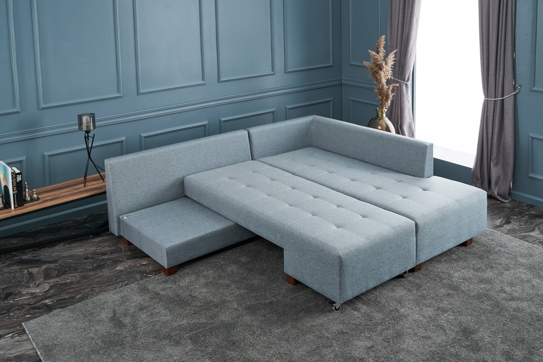 Minkštas kampas su miegojimo funkcija Manama Corner Sofa Bed Right - Light Blue